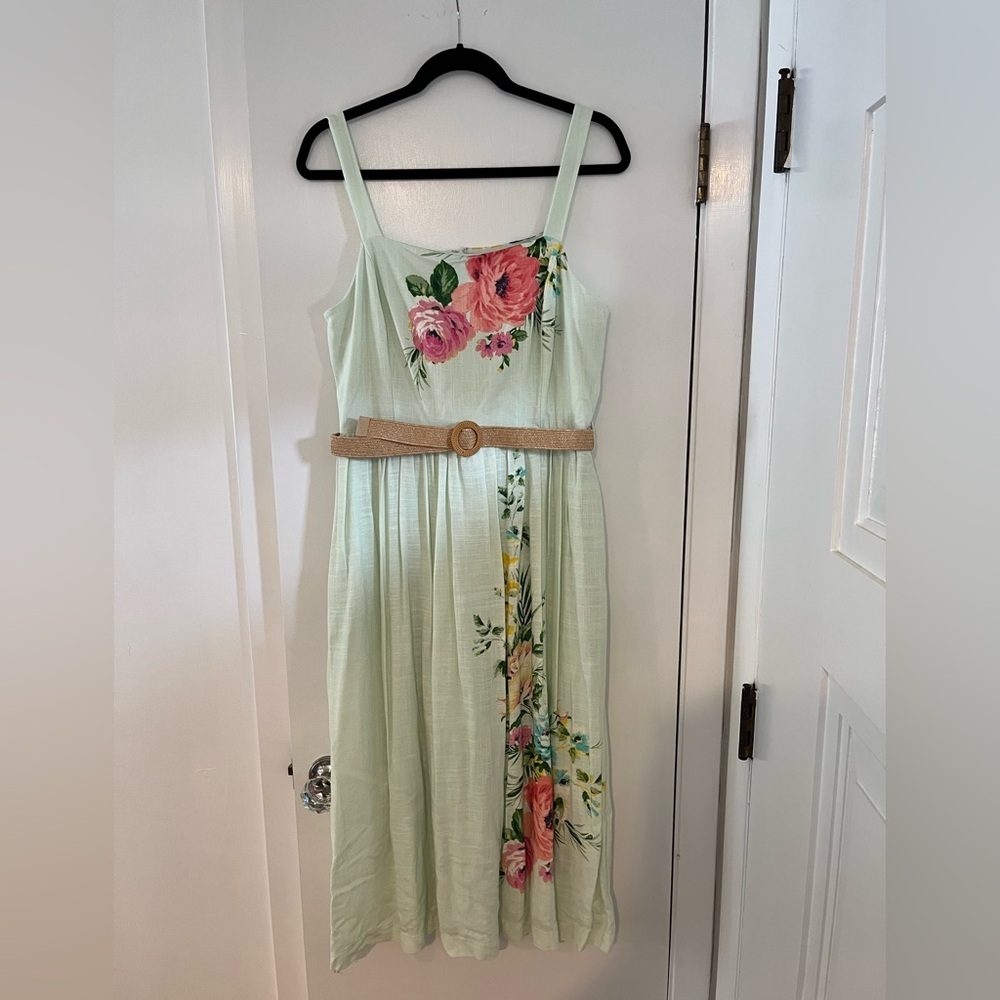 Maison Tara Mint Green Floral Midi Dress with Pink Rose Print
